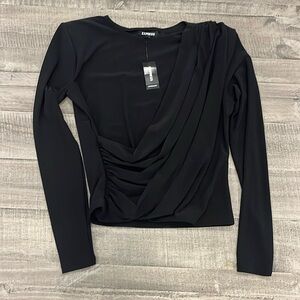 Express black long sleeve pleated shoulder pad cross over top NEW size XS